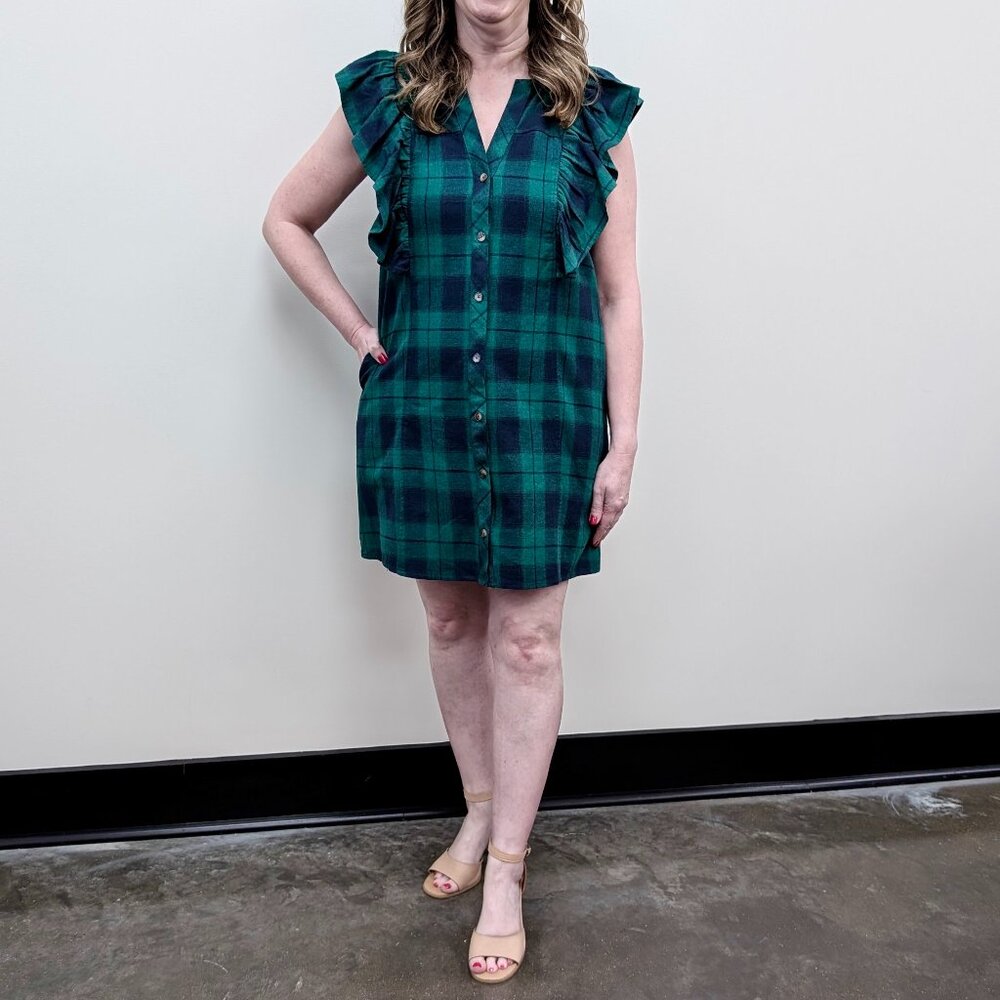 Women's Green Navy Tartan Plaid Mini Dress Entro Size Large NWT